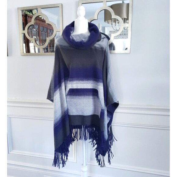Free People Boho Desert Dream Cowl Neck Fringe Poncho Serape Purple Blue Gray OS - Picture 3 of 10